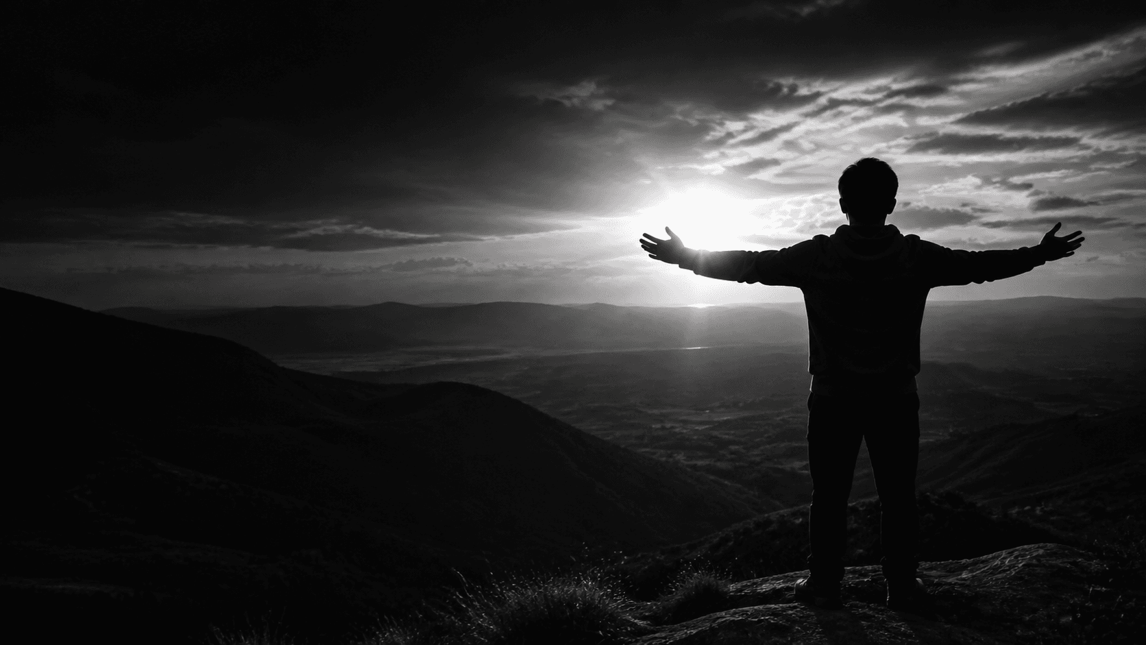 A person looking across a mountain landscape at dawn